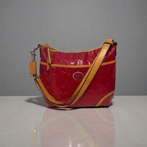 Coach Peyton Embossed C Patent Leather Hobo F20022 Pink Cerise Tan Trim Converts